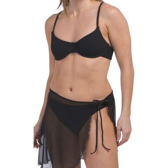 Jessica Simpson Black Mini Popcorn Ribbed Bikini and Sarong 3 Piece Swimsuit Set